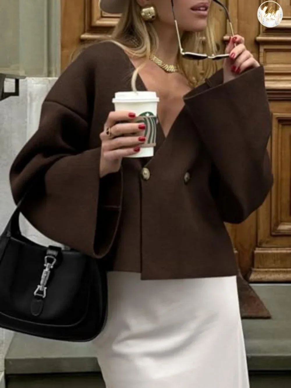 Women's Oversized Double Breasted Knit Cardigan with Bell Sleeves